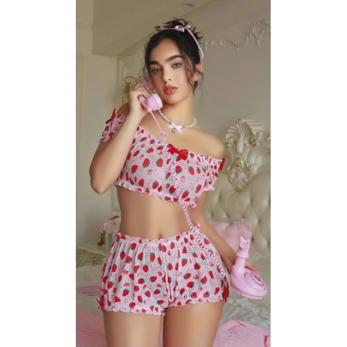 Pembe Çilek Desenli Şortlu Fantezi Sütyen Takımı