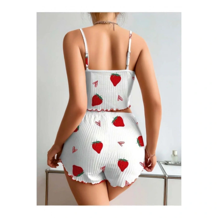 Penye Kumaş Çilek Desen Beyaz Şortlu Takım