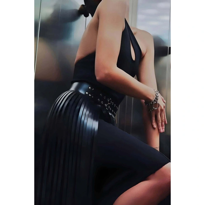 Püsküllü Deri Etek, Şık Deri Etek, Uzun Deri Etek, Siyah Deri Etek - Brf637