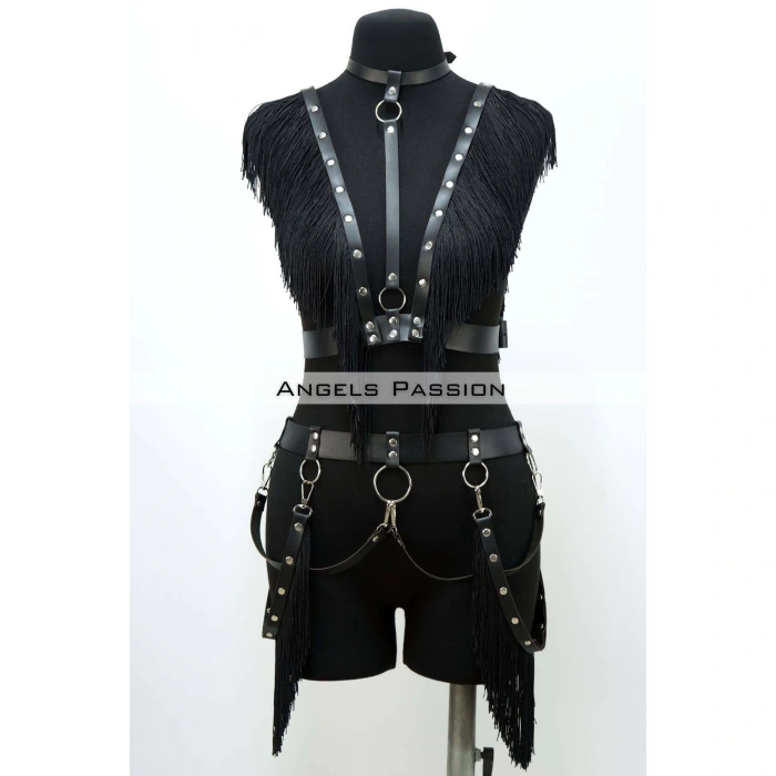 Püslüllü Deri Harness Takım, Püsküllü Elbise Aksesuarı - Brf768