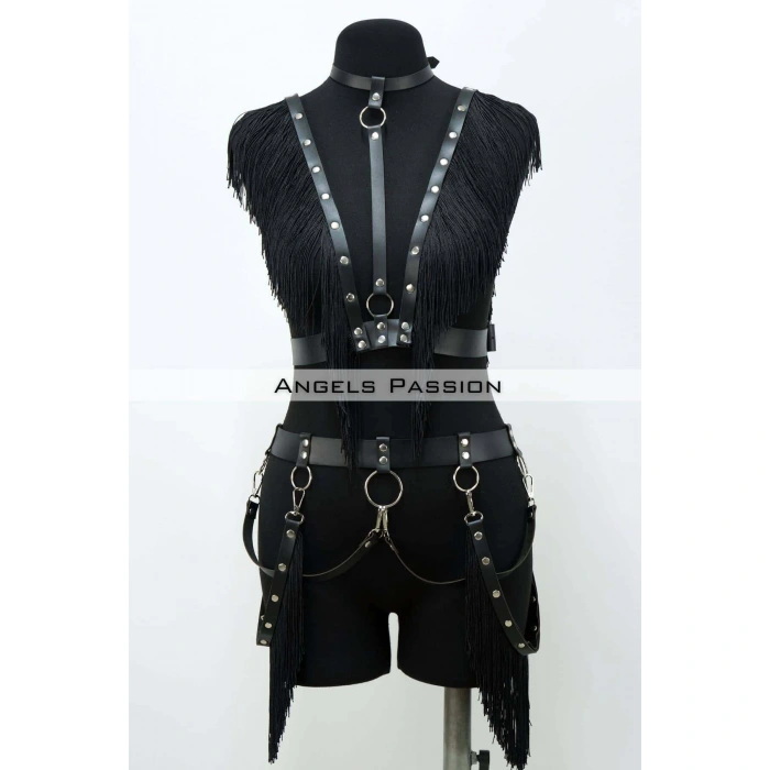 Püslüllü Deri Harness Takım, Püsküllü Elbise Aksesuarı - Brf768