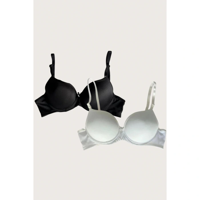 Siyah-beyaz 2li Mikro Kumaş Push Up Dolgulu Balenli Günlük Destekli Sütyen