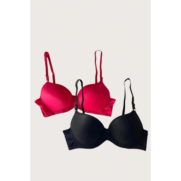 Siyah-kırmızı 2li Mikro Kumaş İçi Boş Balenli Günlük Desteksiz Sütyen