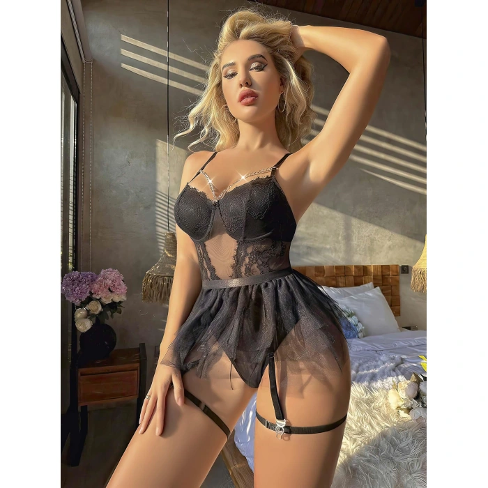 Siyah Tül Etekli Jartiyer Fantezi Takım 2080