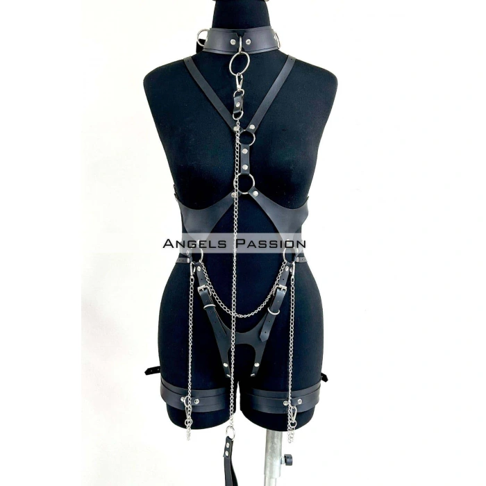Tasma Ve Zincir Detaylı Şık Deri Harness, Deri Fantezi Giyim- Brf1225