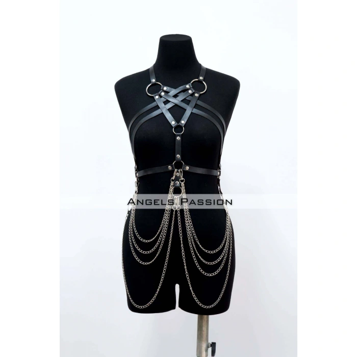 Zincir Detaylı Deri Göğüs Harness, Deri Fantezi Giyim, Elbise Aksesuar - Brf11