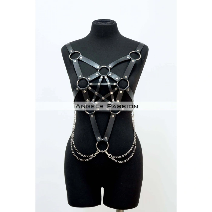 Zincir Detaylı Şık Deri Göğüs Harness, Büstiyer Harness, Deri Göğüs Harness- Brf1399