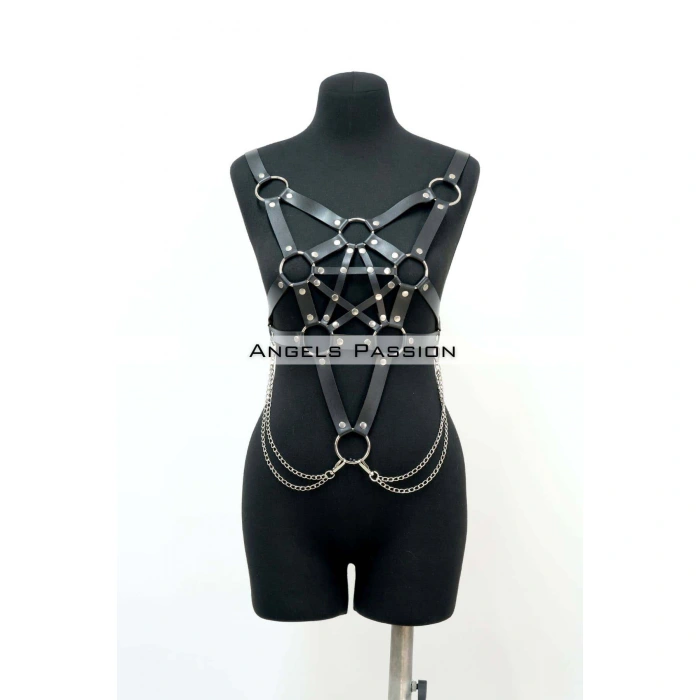 Zincir Detaylı Şık Deri Göğüs Harness, Büstiyer Harness, Deri Göğüs Harness- Brf1399