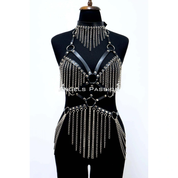 Zincirli Deri Harness, Deri Dansçı Kostüm, Choker Detaylı Deri Harness - Brf1397