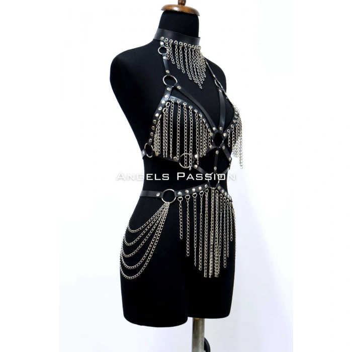 Zincirli Deri Harness, Deri Dansçı Kostüm, Choker Detaylı Deri Harness - Brf1397