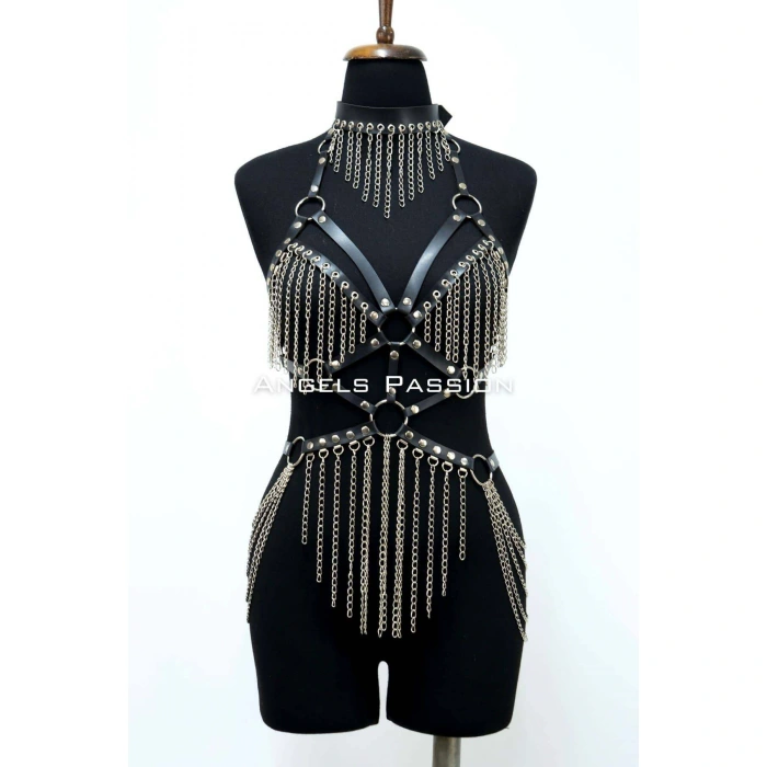 Zincirli Deri Harness, Deri Dansçı Kostüm, Choker Detaylı Deri Harness - Brf1397