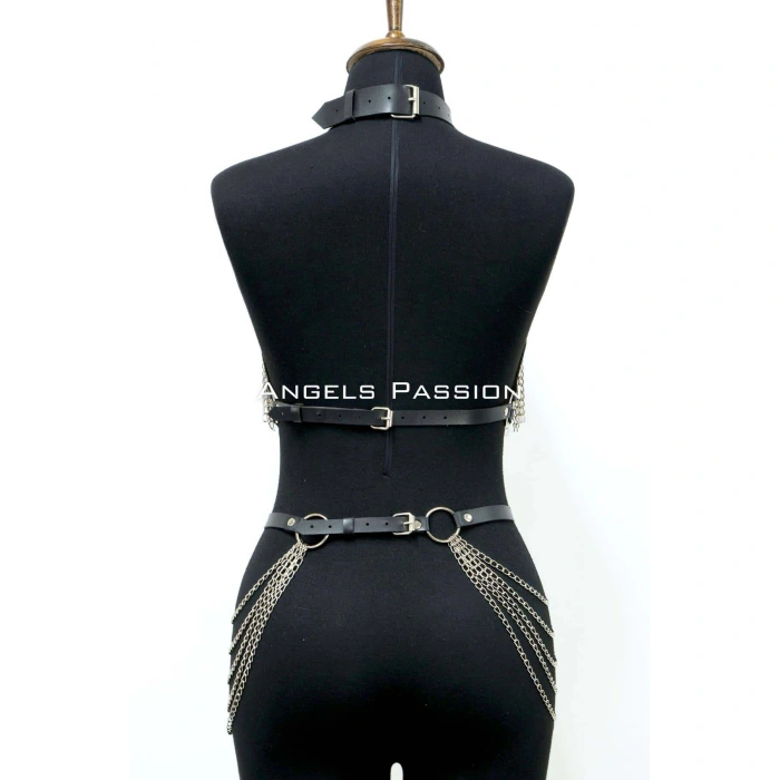 Zincirli Deri Harness, Deri Dansçı Kostüm, Choker Detaylı Deri Harness - Brf1397