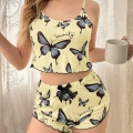 Kadın Sarı Kelebek Desenli Askılı Şortlu Ribana Pijama Takımı,rahat Ve Şık Ev Giyim,kadın Pijama