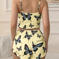 Kadın Sarı Kelebek Desenli Askılı Şortlu Ribana Pijama Takımı,rahat Ve Şık Ev Giyim,kadın Pijama