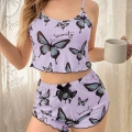 Mor Renk Kelebek Desenli Şortlu Ev Giyim Takımı,kadın Yazlık Askılı Pijama, Rahat Ve Şık Ev Giyim