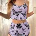 Mor Renk Kelebek Desenli Şortlu Ev Giyim Takımı,kadın Yazlık Askılı Pijama, Rahat Ve Şık Ev Giyim