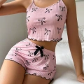 Pembe Fiyonklu Askılı Şortlu Kadın Pijama Takımı, Yumuşak Kumaş, Şık Detaylar,yazlık Kadın Pijama