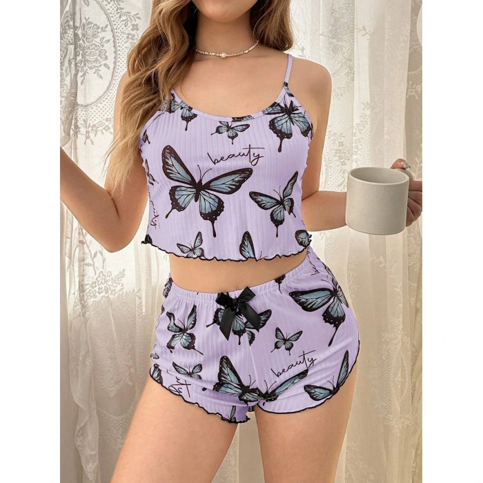 Mor Renk Kelebek Desenli Şortlu Ev Giyim Takımı,kadın Yazlık Askılı Pijama, Rahat Ve Şık Ev Giyim