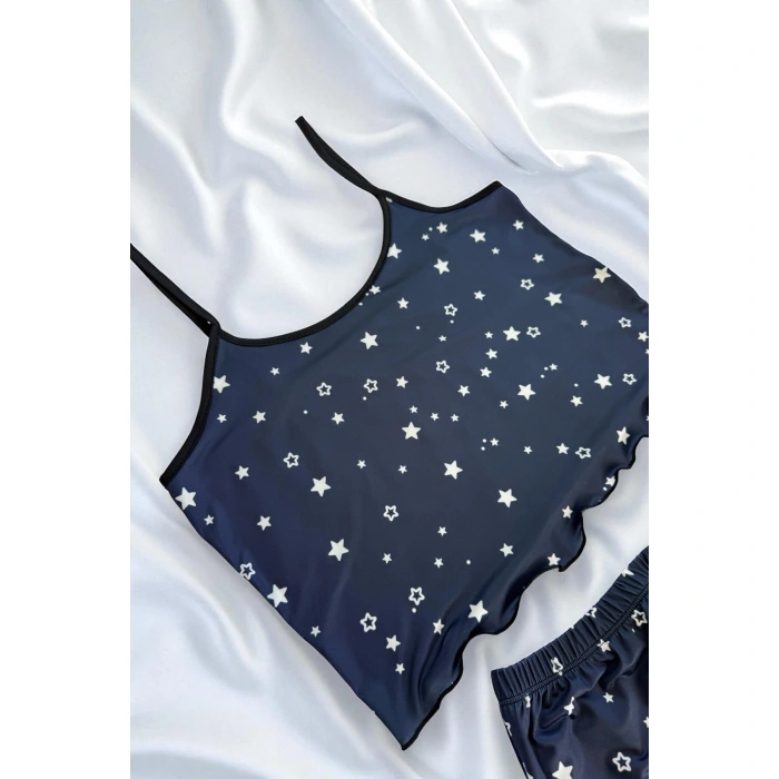 Yıldız Desenli Lacivert Askılı Şortlu Gecelik