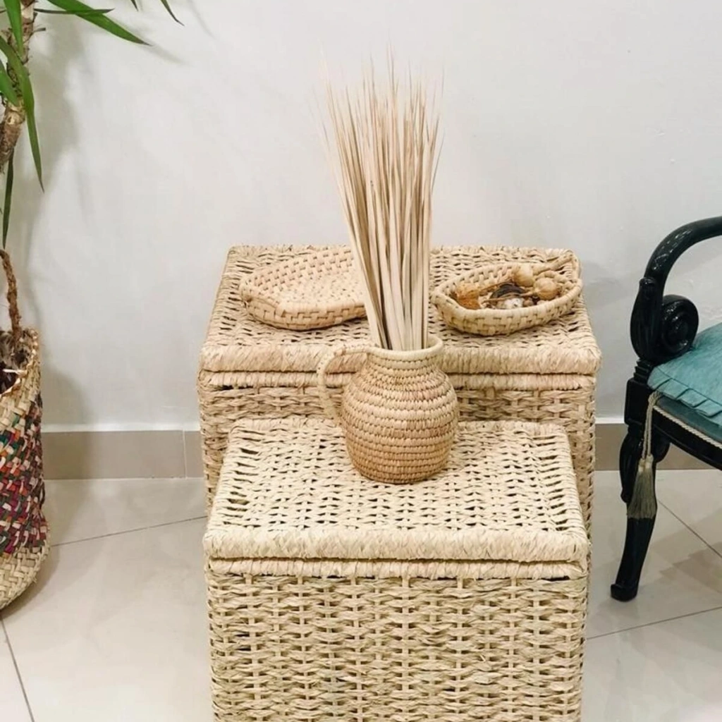 Sativus Ahşap Ve Hasır Sehpa 2li Set (KAPAKLI SANDIK/DÜZENLEYİCİ/OYUNCAK SEPETİ) Genişlik 55ve45 Cm