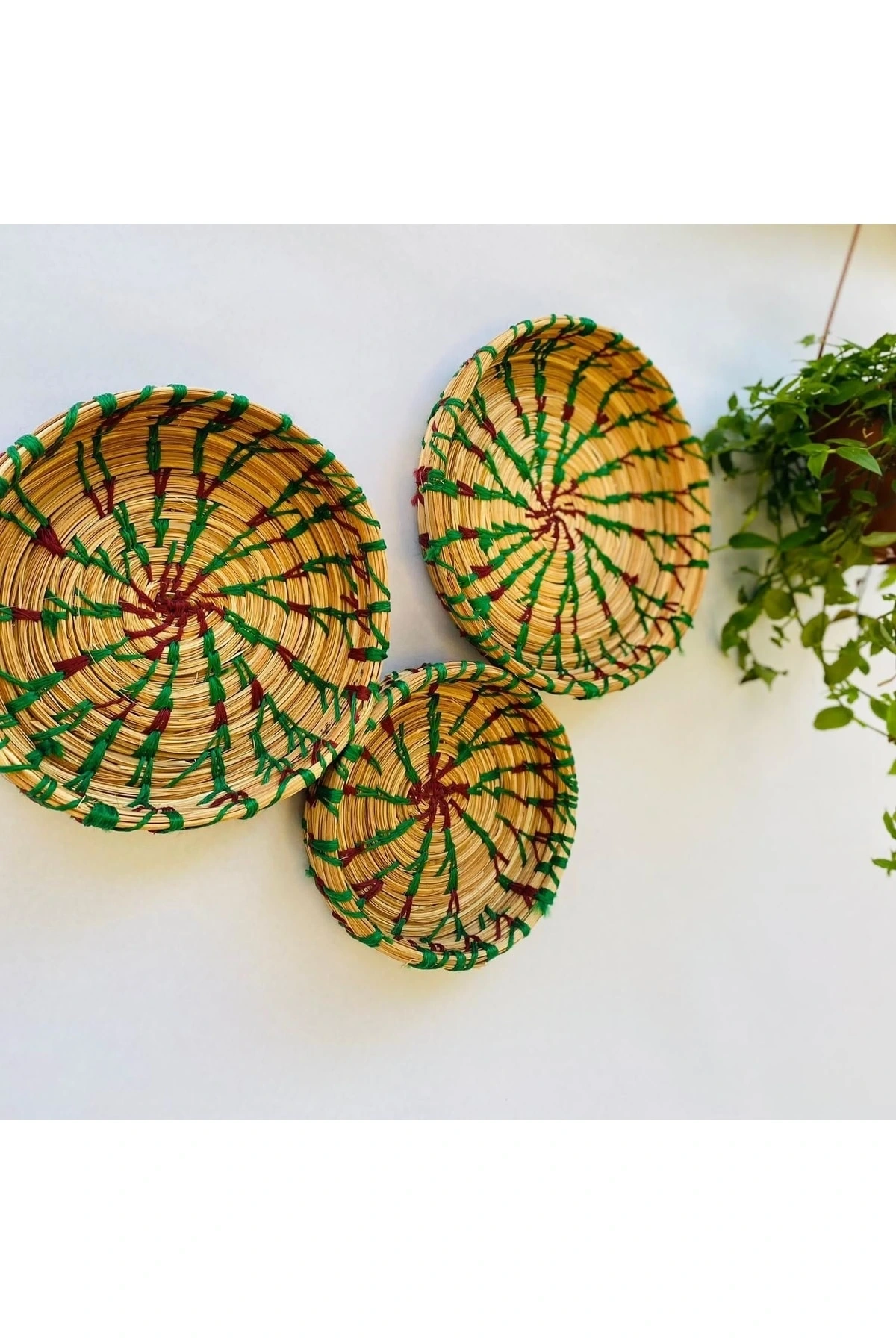 Bergenia Hasır Duvar Tabağı Seti_ Kırmızı-yeşil-kahverengi