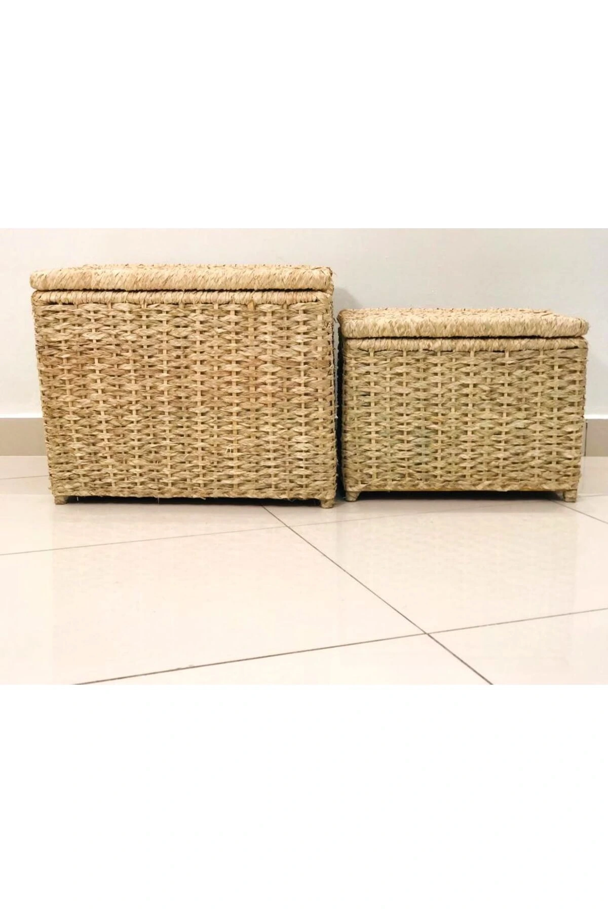 Sativus Ahşap Ve Hasır Sehpa 2li Set (KAPAKLI SANDIK/DÜZENLEYİCİ/OYUNCAK SEPETİ) Genişlik 55ve45 Cm