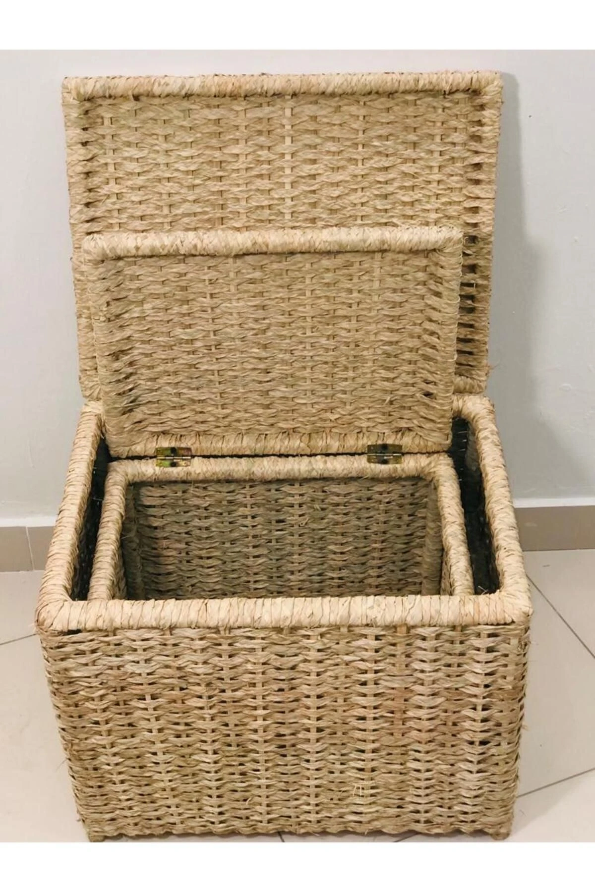 Sativus Ahşap Ve Hasır Sehpa 2li Set (KAPAKLI SANDIK/DÜZENLEYİCİ/OYUNCAK SEPETİ) Genişlik 55ve45 Cm