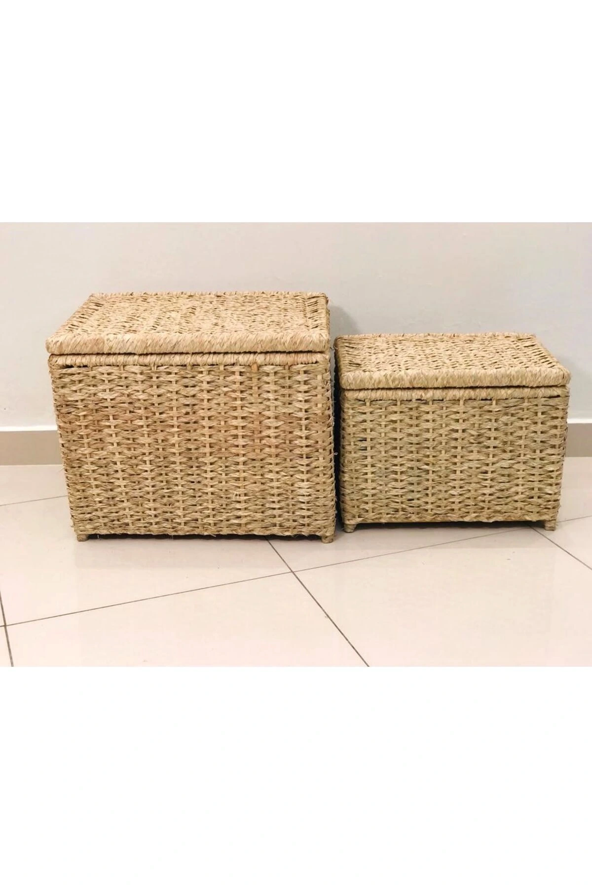 Sativus Ahşap Ve Hasır Sehpa 2li Set (KAPAKLI SANDIK/DÜZENLEYİCİ/OYUNCAK SEPETİ) Genişlik 55ve45 Cm