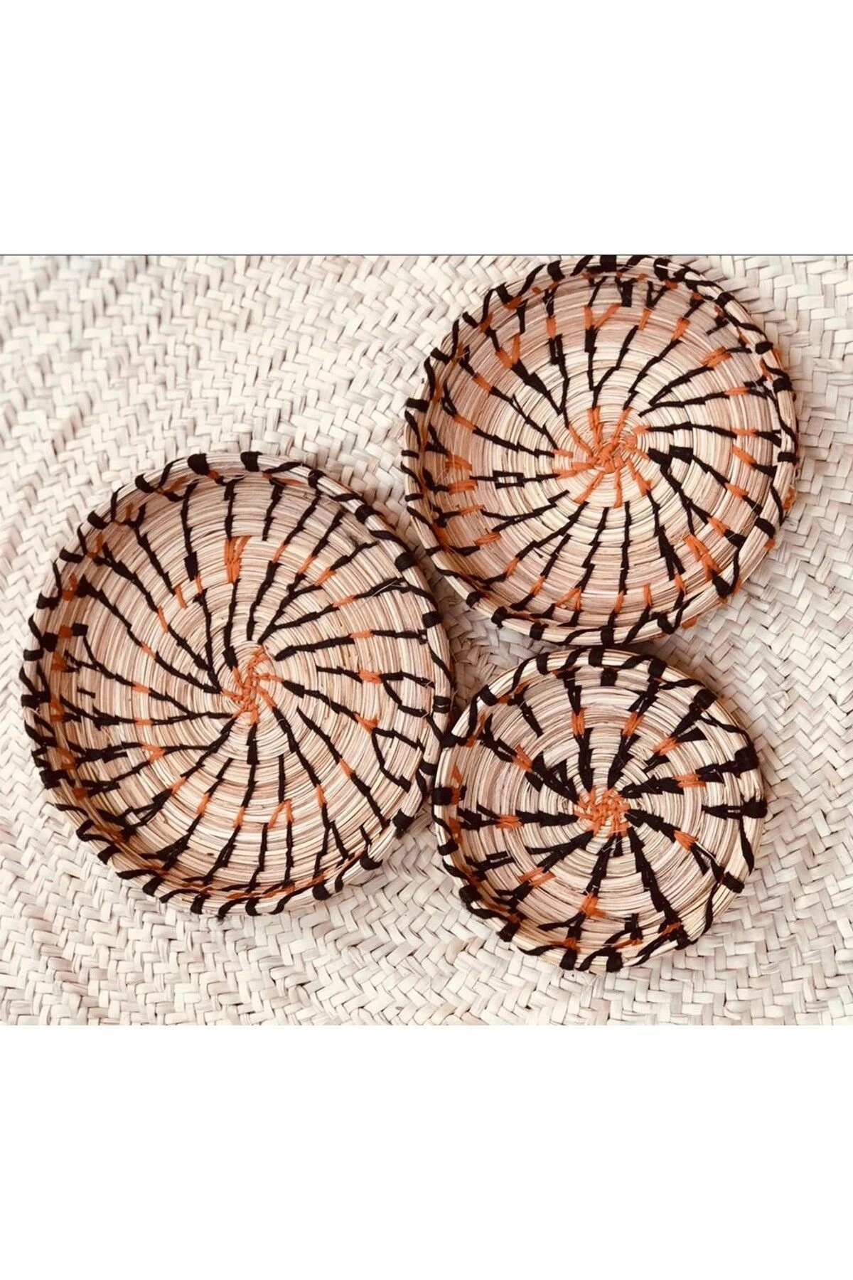 Bergenia Hasır Duvar Tabağı Seti_ 3 lü set_ kahverengi - turuncu