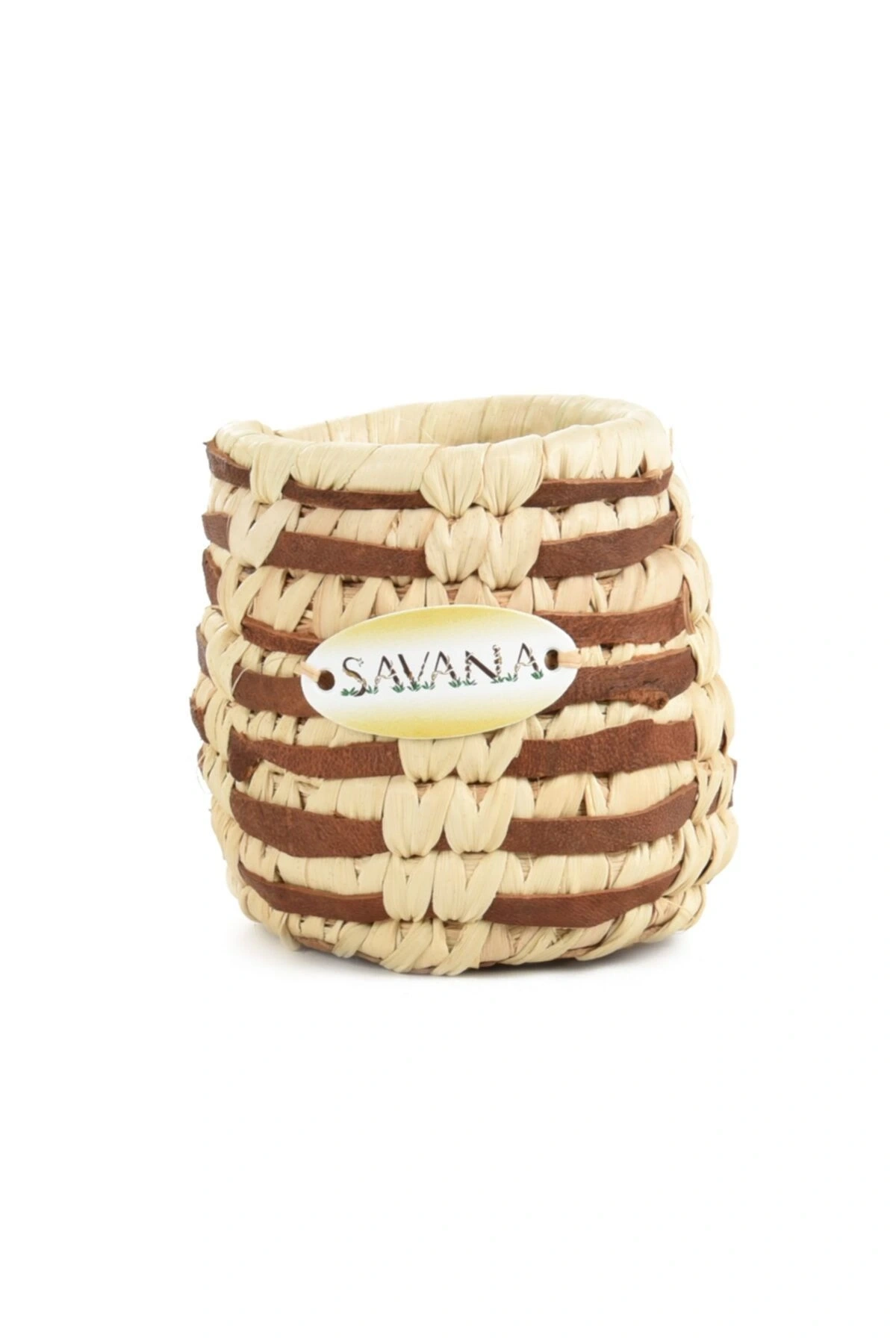 Mini Hasır Saksı / Kutu (PALMİYE YAPRAKLARI VE GERÇEK DERİ).