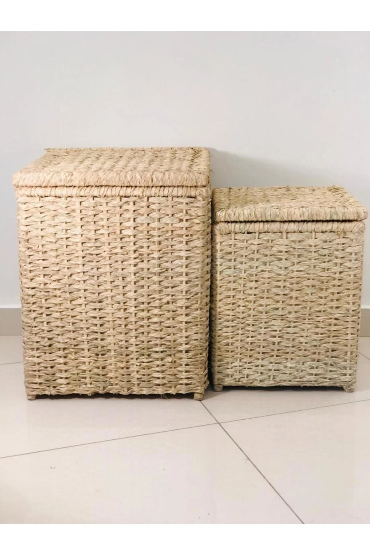 Sativus Hasır Sehpa 2li Set (KAPAKLI SANDIK /DÜZENLEYİCİ/OYUNCAK SEPETİ) 45x40x40 , 55x50x50 Cm