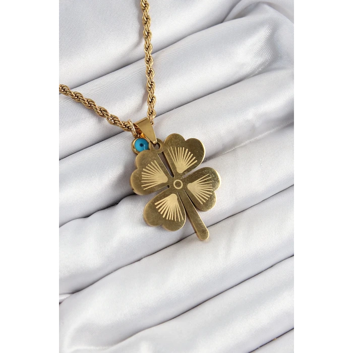 316L Çelik Burgu Zincirli Nazar Detaylı Yonca Model Gold Renk Kadın Kolye