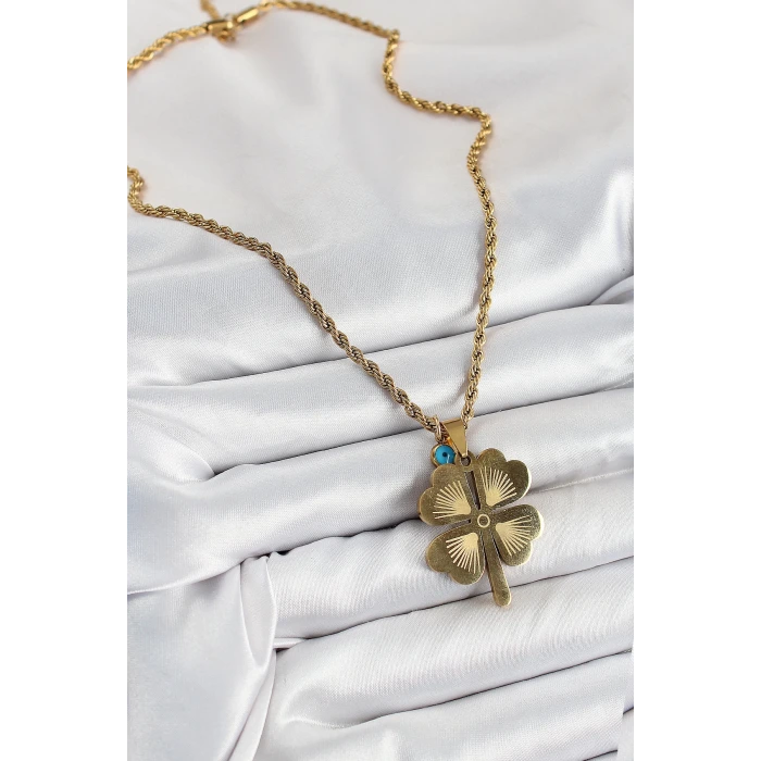 316L Çelik Burgu Zincirli Nazar Detaylı Yonca Model Gold Renk Kadın Kolye