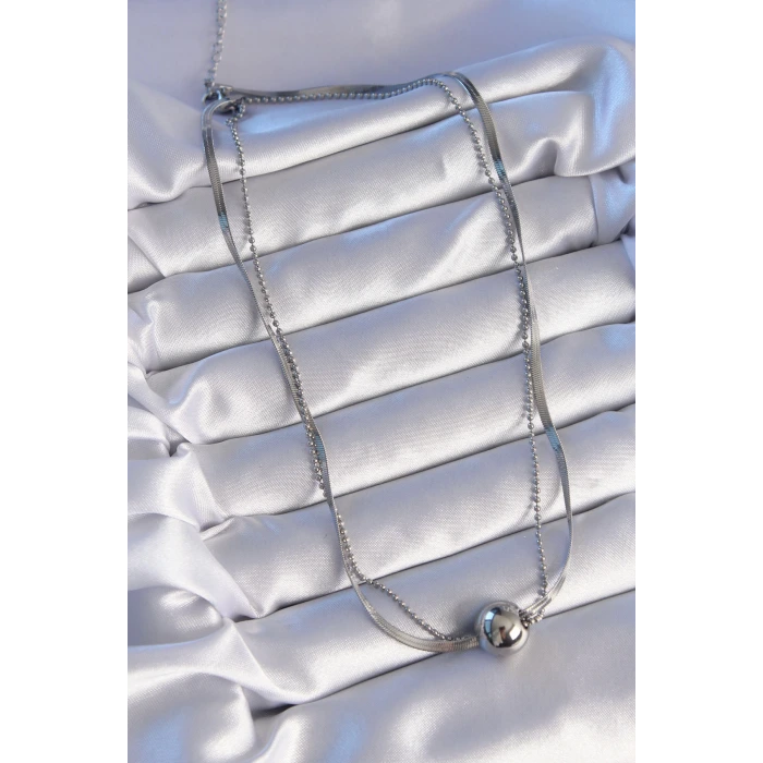 316L Çelik Çift Zincirli Gümüş Renk Topçuk İtalyan Model Kolye