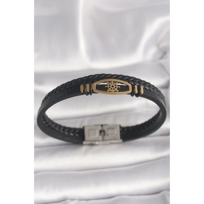 316L Çelik Gold Renk Gemi Dümen Figür Siyah Renk Çift Sıra Burgu Desenli Deri Kordon Erkek Bileklik