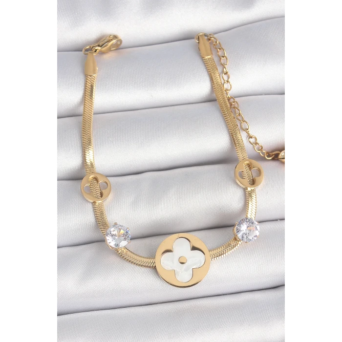 316L Çelik Gold Renk İtalyan Zincir Beyaz Mineli Yonca Model Zirkon Taş Detaylı Kadın Bileklik