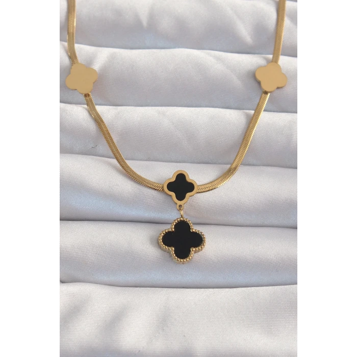 316L Çelik Gold Renk İtalyan Zincirli Mineli Yonca Kolye