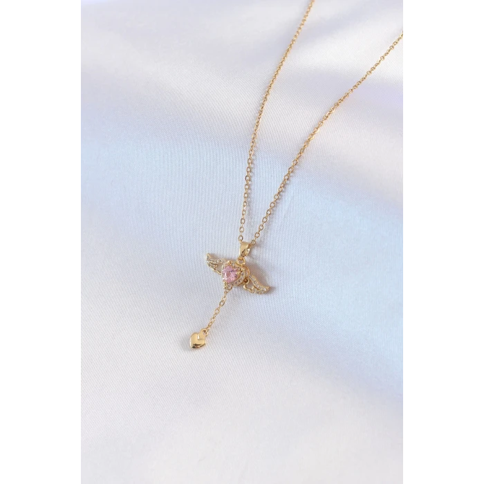 316L Çelik Gold Renk Kanatlı Kalp Model Zirkon Taş Detay Kadın Kolye