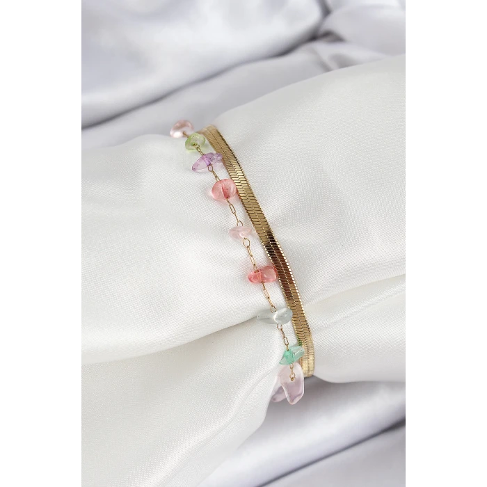 316L Çelik Gold Renk Kristal Karışık Renkli Taşlı Kadın Bileklik