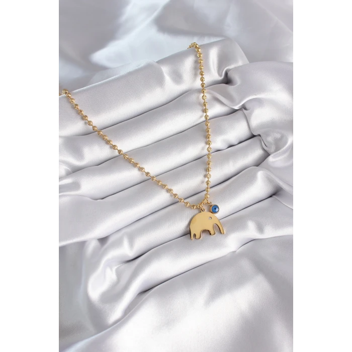 316L Çelik Gold Renk Top Zincir Model Fil Figür Nazar Boncuk Detay Kadın Kolye