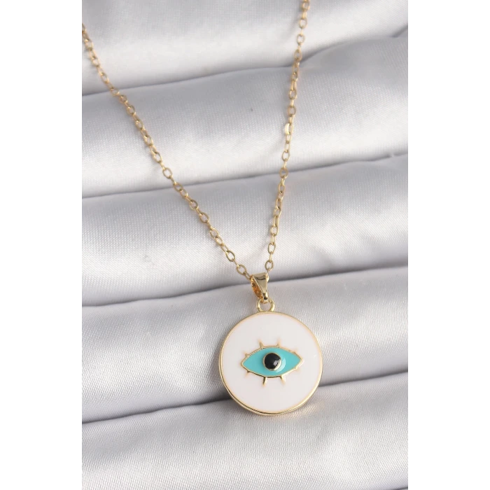 316L Çelik Gold Renk Zincir Beyaz Mineli Turkuaz Göz İşleme Model Kadın Kolye