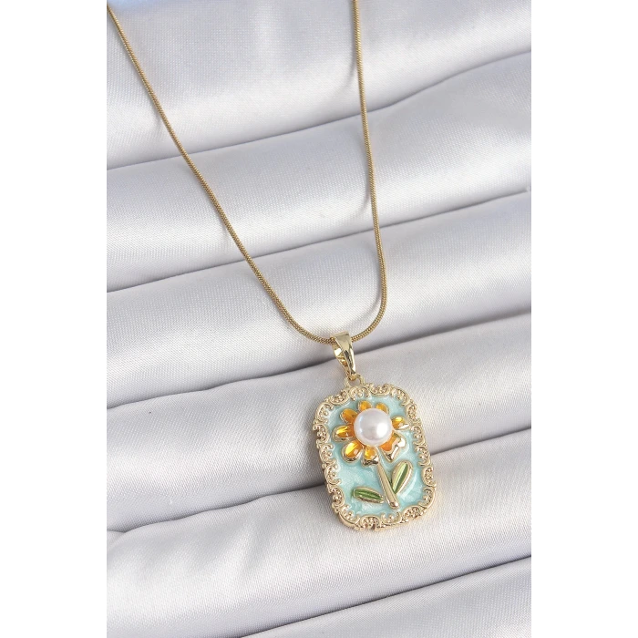 316L Çelik Gold Renk Zincir Mavi Mineli İncili Papatya İşlemeli Portre Model Kadın Kolye