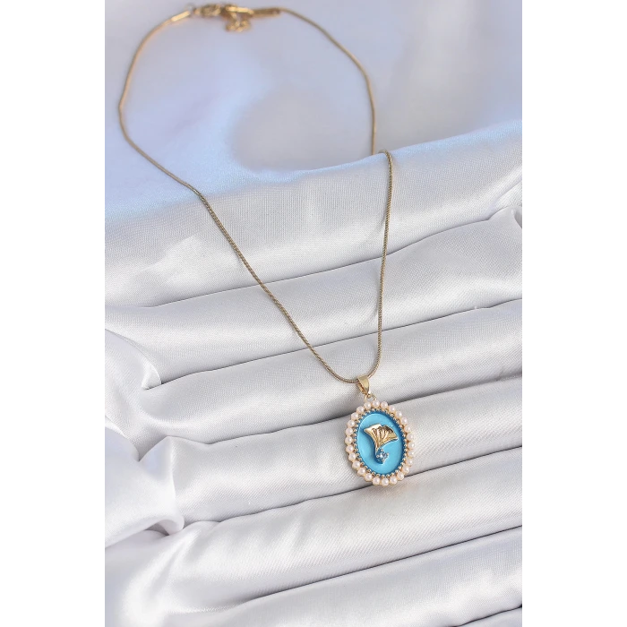 316L Çelik Gold Renk Zincir Mavi Mineli İncili Zirkon Taşlı Çiçek İşlemeli Portre Model Kadın Kolye