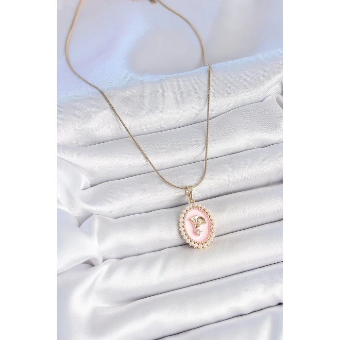 316L Çelik Gold Renk Zincir Pembe Mineli İncli Zirkon Taşlı Çiçek İşlemeli Portre Model Kadın Kolye