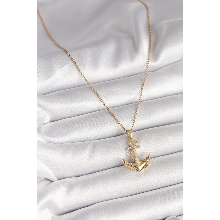 316L Çelik Gold Renk Zincir Zirkon Taş Detaylı Çapa Model Kadın Kolye