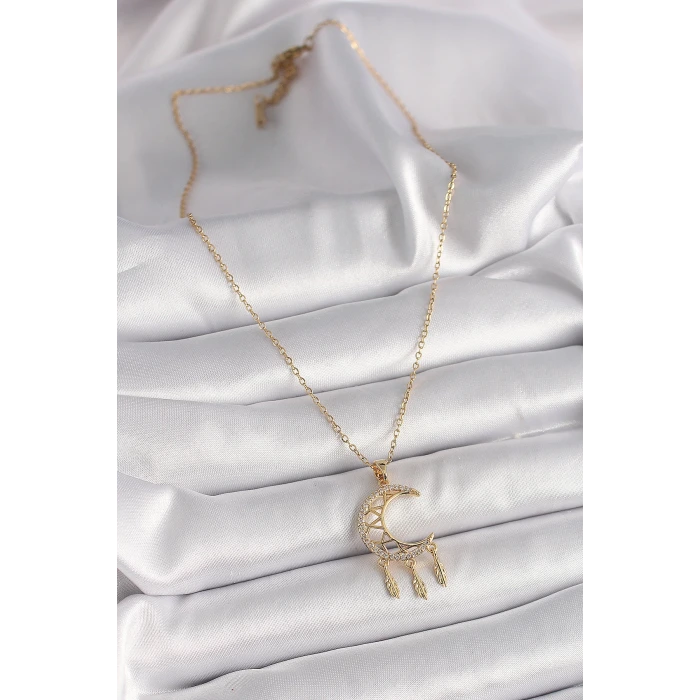 316L Çelik Gold Renk Zincir Zirkon Taşlı Hilal Model Sallantı Yaprak Detay Kadın Kolye