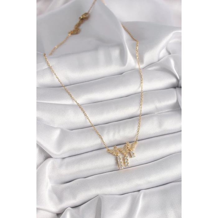 316L Çelik Gold Renk Zincir Zirkon Taşlı Kelebek Model Sallantı Detay Kadın Kolye