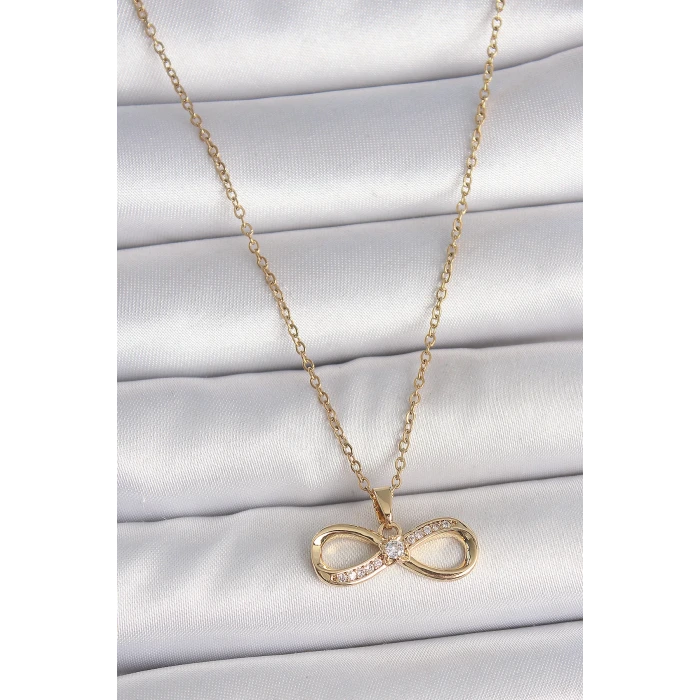 316L Çelik Gold Renk Zincir Zirkon Taşlı Sonsuzluk Model Kadın Kolye