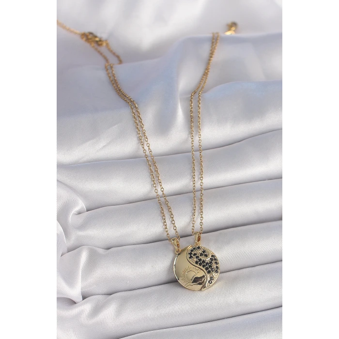 316L Çelik Gold Renk Zincir Zirkon Taşlı Ying Yang Model Gün Batımı İşlemeli Arkadaşlık Kadın Kolye
