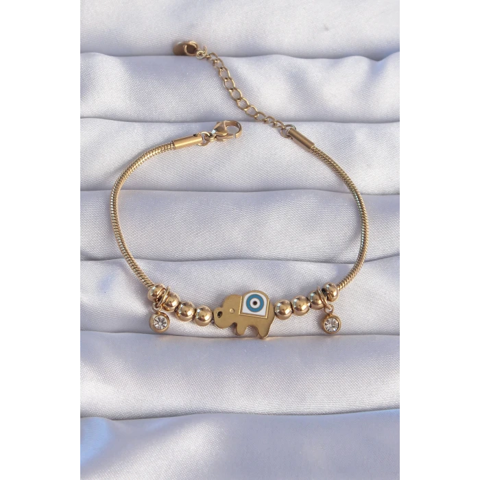316L Çelik Gold Renk Zirkon Taşlı Nazarlı Fil Tasarımlı Bileklik